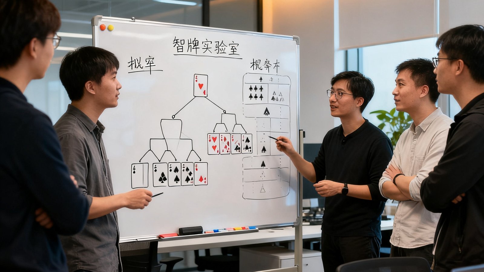 智牌实验室创始团队围在白板前讨论炸金花策略算法，白板上绘制概率树与牌型分布图