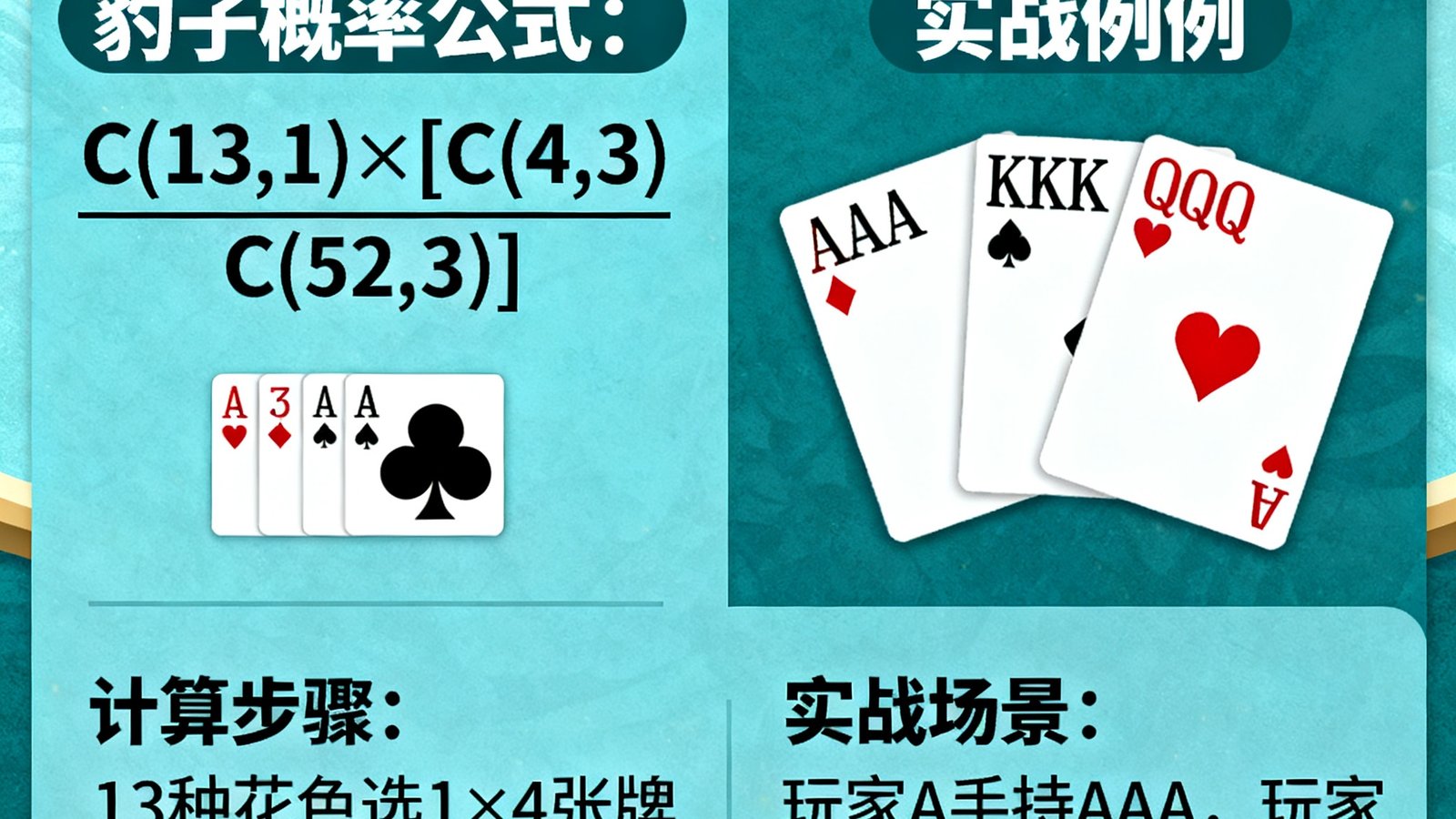 炸金花豹子概率分析文章配图，展示豹子出现的数学概率与实战例子